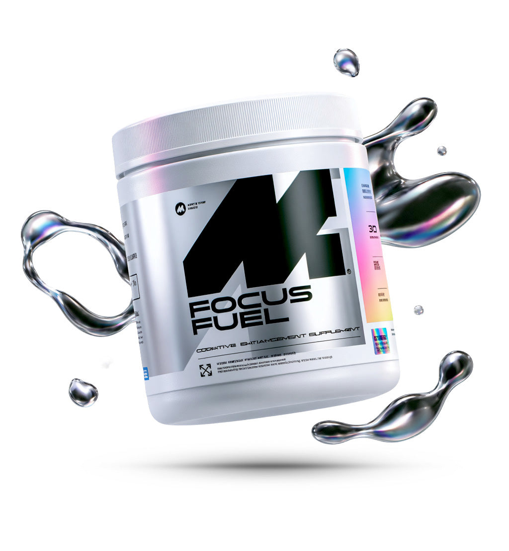 Focus Fuel cognitive enhancement supplement tub floating against a light gray background