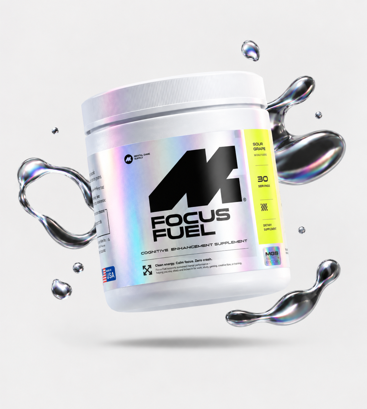 Focus Fuel cognitive enhancement supplement tub floating against a light gray background